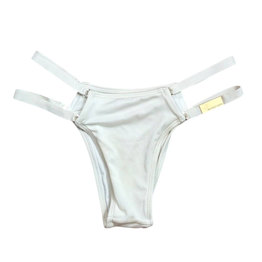 Victoria's Secret White Double Strap Bikini Bottom Gold Logo Hardware Medium